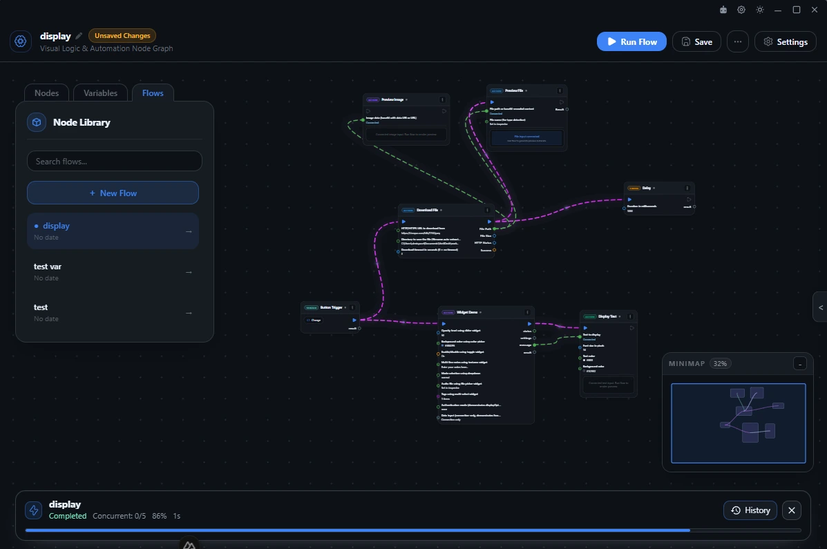 VortiDeck Flow Builder showing connected nodes and workflow execution
